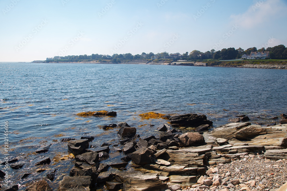 Rocky beach at the Cliff walk at the shore of the Easton bay in Newport, Rhode Island, USA