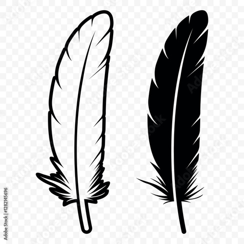 Vector Black and White Fluffy Feather Logo Icons. Silhouette Feather Set Closeup Isolated. Design Template of Flamingo, Angel, Bird Feather. Lightness and Freedom Concept