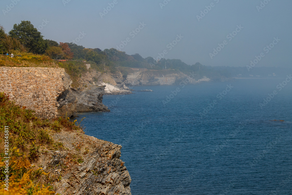 Cliff walk at the shore of the Easton bay in Newport, Rhode Island, USA