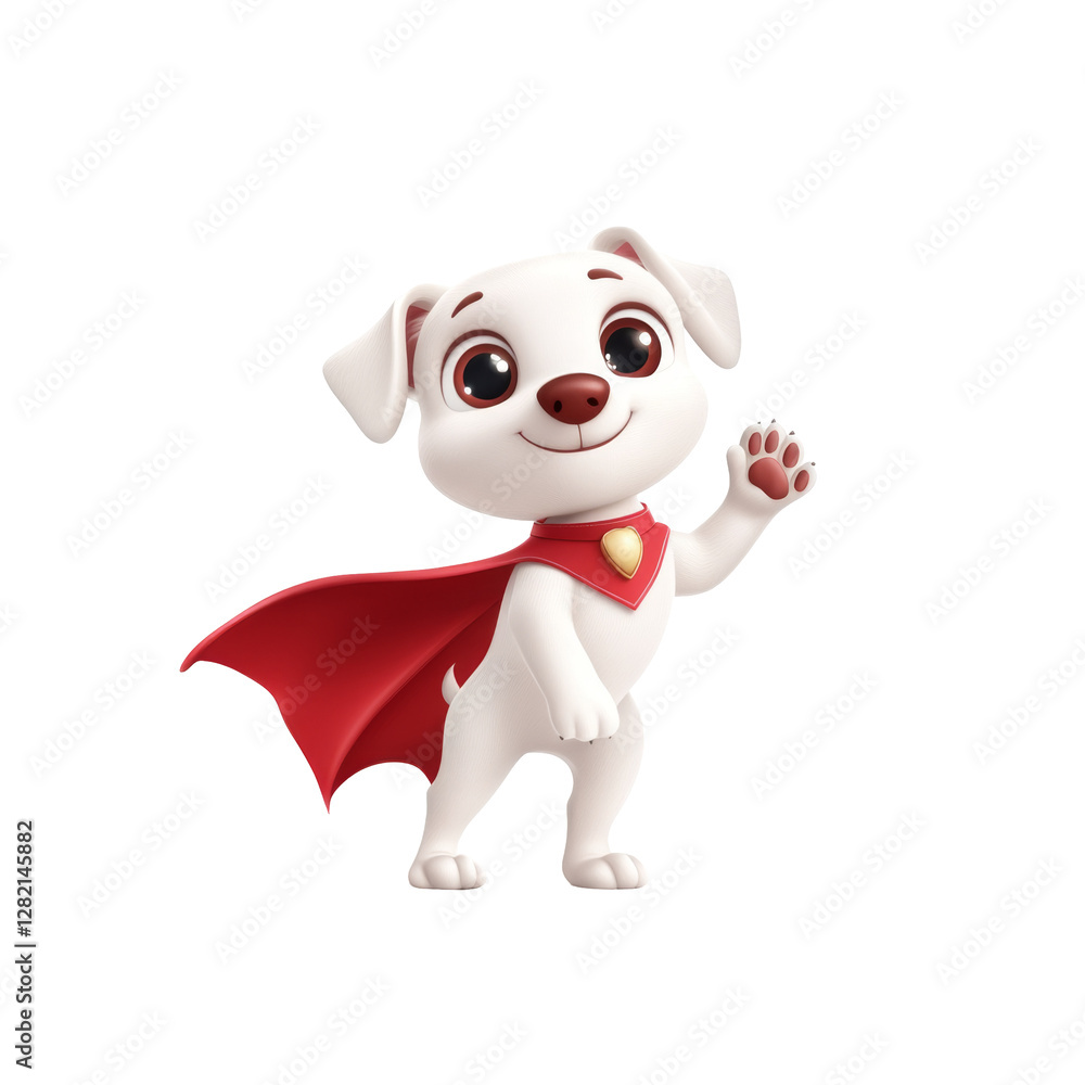 Cute cartoon dog wearing red cape with paws waving in cheery and friendly gesture Cute cartoon dog wearing red cape with paws waving in cheery and friendly gesture