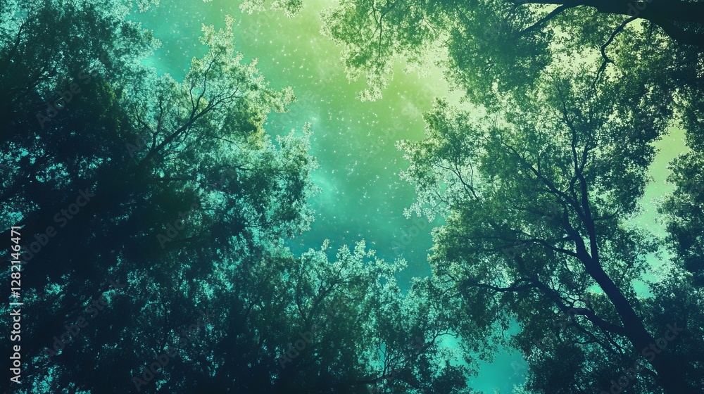 Obraz premium Gradient forest canopy glowing under cosmic light, blending from rich green to bright cyan, peaceful and vibrant