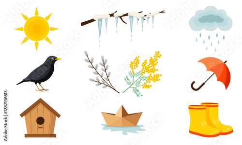 A colorful collection of ten spring-themed objects, including the sun, rain, flowers, birds, and seasonal accessories. Perfect for seasonal designs, educational materials, and greeting cards.  