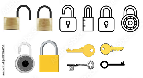 Lock and Key Vector Set: Padlocks, Combination Locks, Antique Keys, Modern Keys, Security Icons, Open and Closed Locks, Safety, Protection, Access, Keyhole, Vintage Key, Safety Clipart