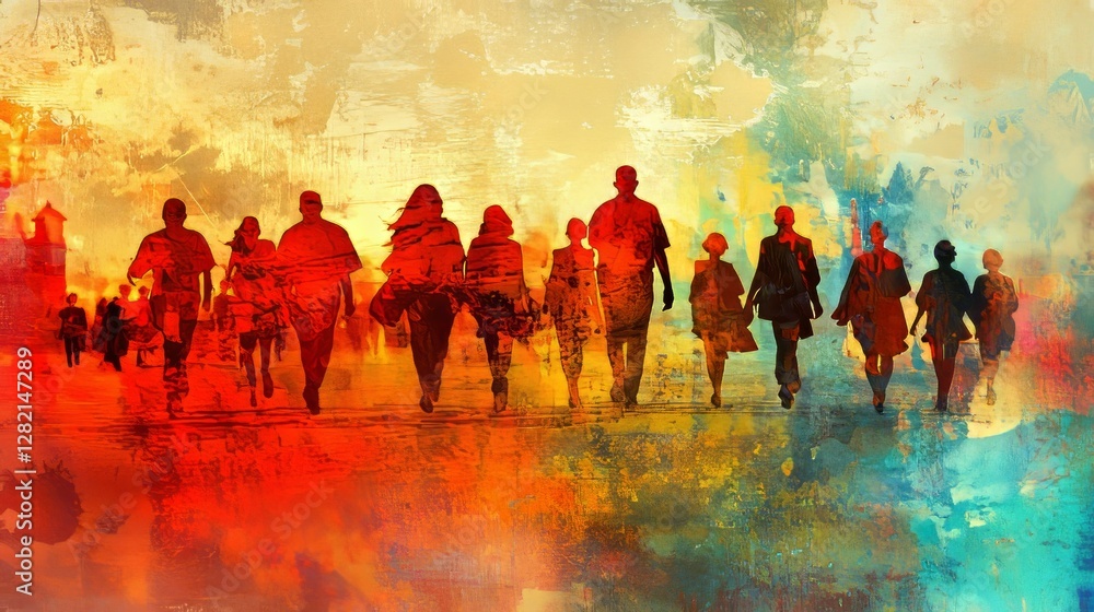 Fototapeta premium group of people walking in blurred motion, vibrant and dynamic composition, textured and structured tones, bold and artistic atmosphere