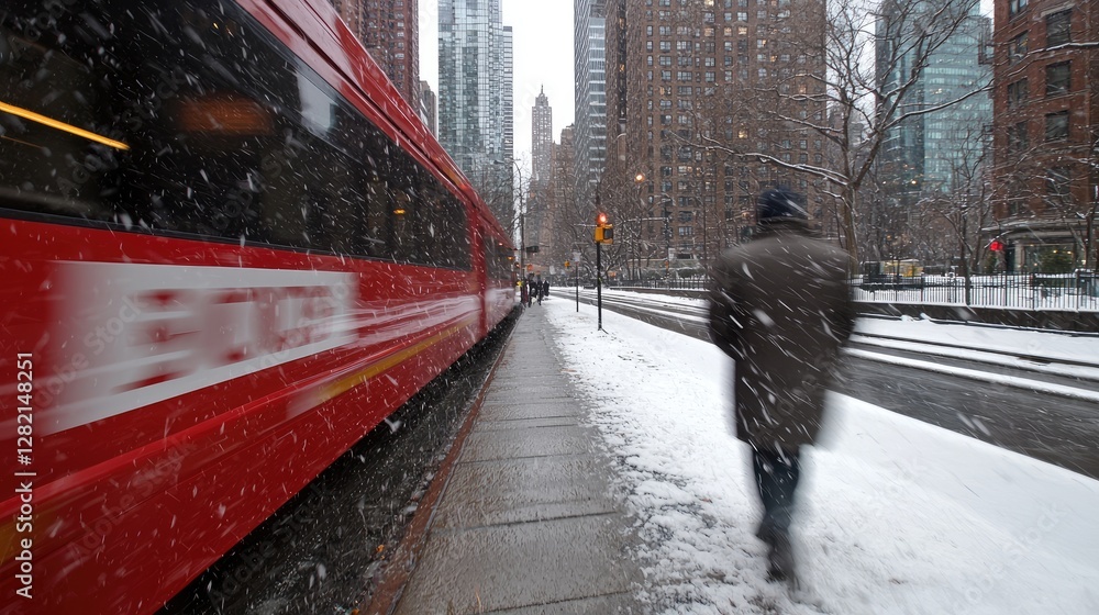 Snowy City Street with Transit. Pedestrian Walking in Blizzard. Possible use Stock photo for winter scenes, transit, or city life Snowy City Street with Transit. Pedestrian Walking in Blizzard. Possible use Stock photo for winter scenes, transit, or city life