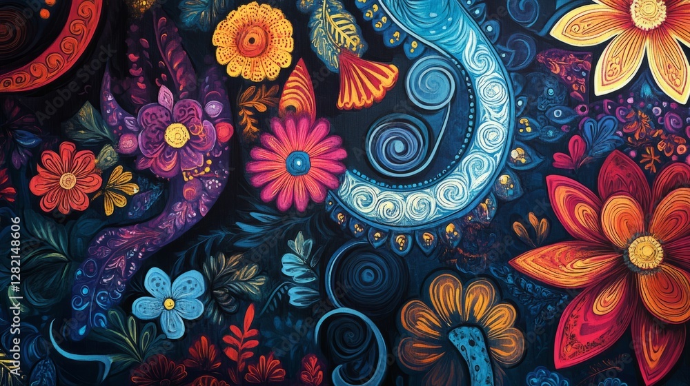 intricate paisley patterns with vibrant floral details, dynamic and artistic composition, textured and modern design, bold and radiant tones intricate paisley patterns with vibrant floral details, dynamic and artistic composition, textured and modern design, bold and radiant tones