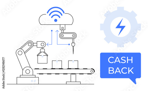 Robotic arm working on a conveyor belt, cloud connectivity icon above, gear and lightning bolt icon, and CASH BACK in speech bubble. Ideal for smart manufacturing, automation, Industry 4.0, IoT