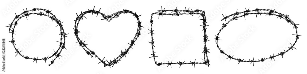 Trendy grunge elements set with retro photocopy stipple effect. Barbed wire frames, heart shaped, circle, square and oval. Goth core 2000s style. Modern illustration with vector dots texture Trendy grunge elements set with retro photocopy stipple effect. Barbed wire frames, heart shaped, circle, square and oval. Goth core 2000s style. Modern illustration with vector dots texture