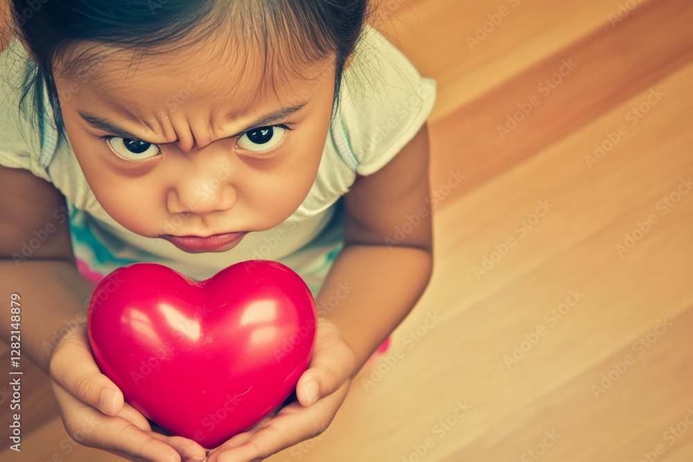 Commercial digital ads graphic layout. Сhildren valentine's day greeting card: toddler girl with sad face holds red heart in hands. Sign of love. February romantic vibes. Emotional connection. Commercial digital ads graphic layout. Сhildren valentine's day greeting card: toddler girl with sad face holds red heart in hands. Sign of love. February romantic vibes. Emotional connection.