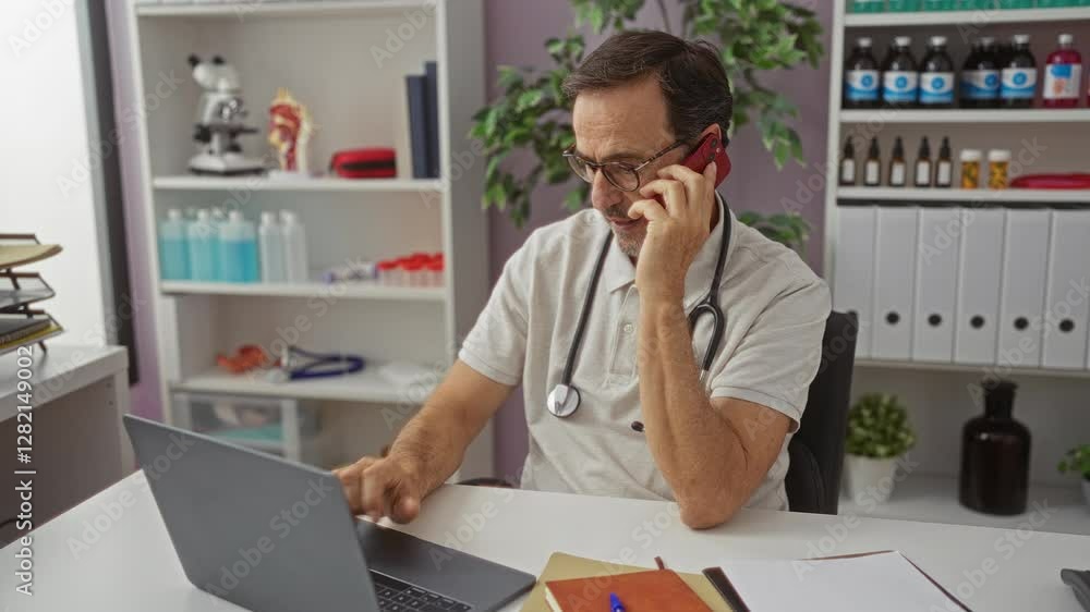 Man in clinic office talking on phone, working on laptop surrounded by medical supplies and books, with stethoscope, conveying a professional healthcare environment. Man in clinic office talking on phone, working on laptop surrounded by medical supplies and books, with stethoscope, conveying a professional healthcare environment.