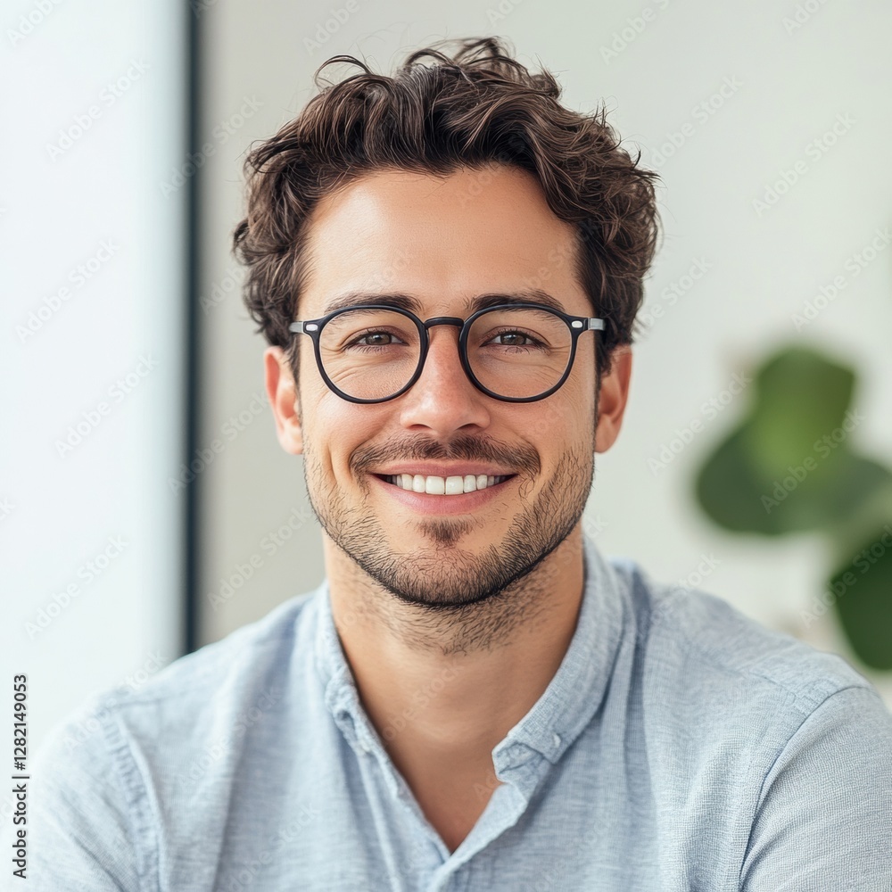Smiling man with glasses in modern office setting enjoying a sunny day while working on his projects. Generative AI Smiling man with glasses in modern office setting enjoying a sunny day while working on his projects. Generative AI