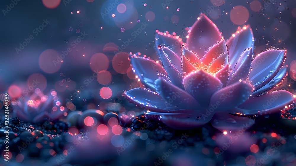 Glowing lotus flower with magical sparkles and bokeh effects in pink and blue colors against dark background creates mystical atmosphere. Glowing lotus flower with magical sparkles and bokeh effects in pink and blue colors against dark background creates mystical atmosphere.