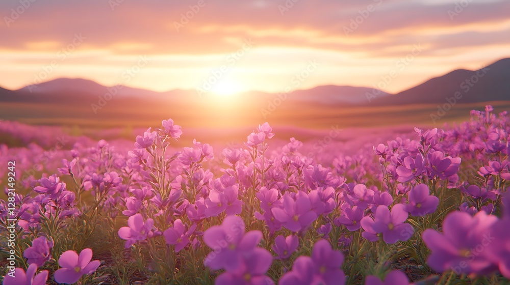 Obraz premium A vibrant lavender field stretching into the horizon under a soft orange and purple sunset