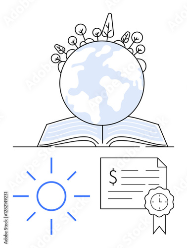 Globe with trees on an open book, below a sun icon and certified document with monetary value and clock, representing growth, sustainability, education, renewable energy, and certifications. Ideal