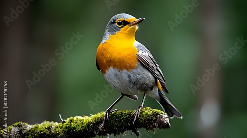 Wallpaper Mural European robin perched on mossy branch against blurred green background, orange breast fein detailed side profile. Torontodigital.ca