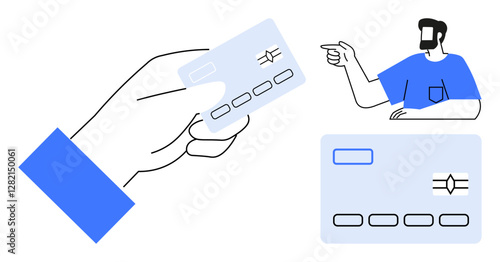 Hand holding credit card with sim chip while person in blue shirt points to another enlarged version of the card. Ideal for finance, banking, transactions, payments, marketing, education