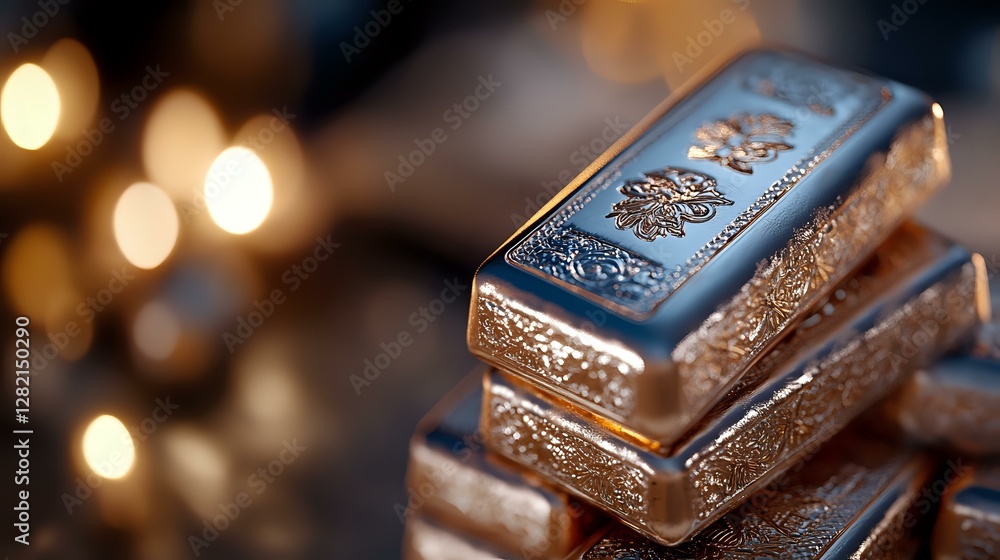 Stacked silver bars with ornate designs and engravings on blurred bokeh background. Precious metal investment concept showing wealth and luxury banking. Stacked silver bars with ornate designs and engravings on blurred bokeh background. Precious metal investment concept showing wealth and luxury banking.