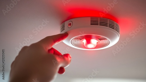 Hand pushing button on ceiling mounted smoke detector with red alarm light flashing, testing fire alarm system