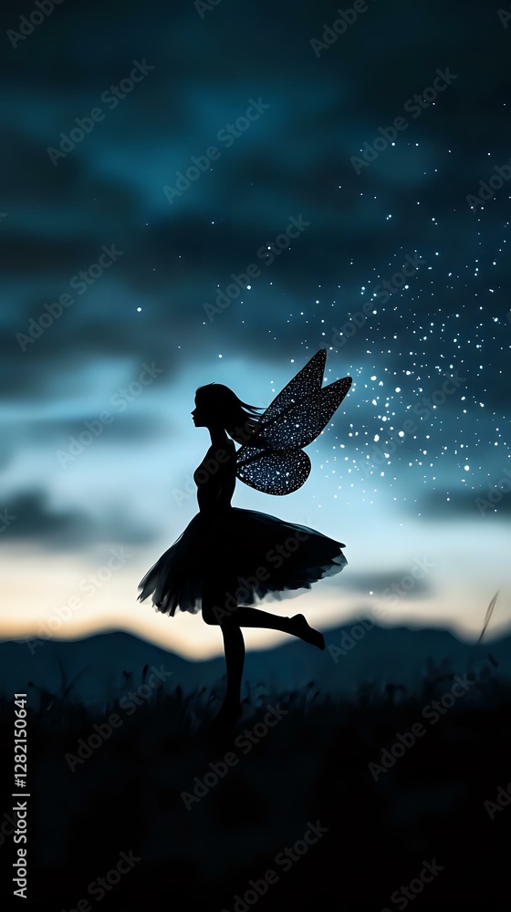 Fototapeta premium Magical silhouette of fairy with sparkling wings and tutu dress dancing against starry night sky and mountains, dark blue atmosphere with glowing stars.