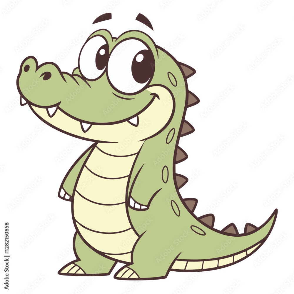 Fototapeta premium This adorable cartoon alligator features a big smile, bright eyes, and a playful demeanor. It stands against a clean white background, perfect for children's designs