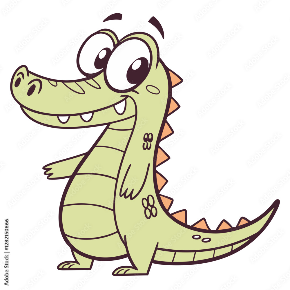 Obraz premium A cheerful alligator character stands in a playful pose with a friendly smile. The bright green alligator is designed in a cartoon style, ideal for children's illustrations and educational materials
