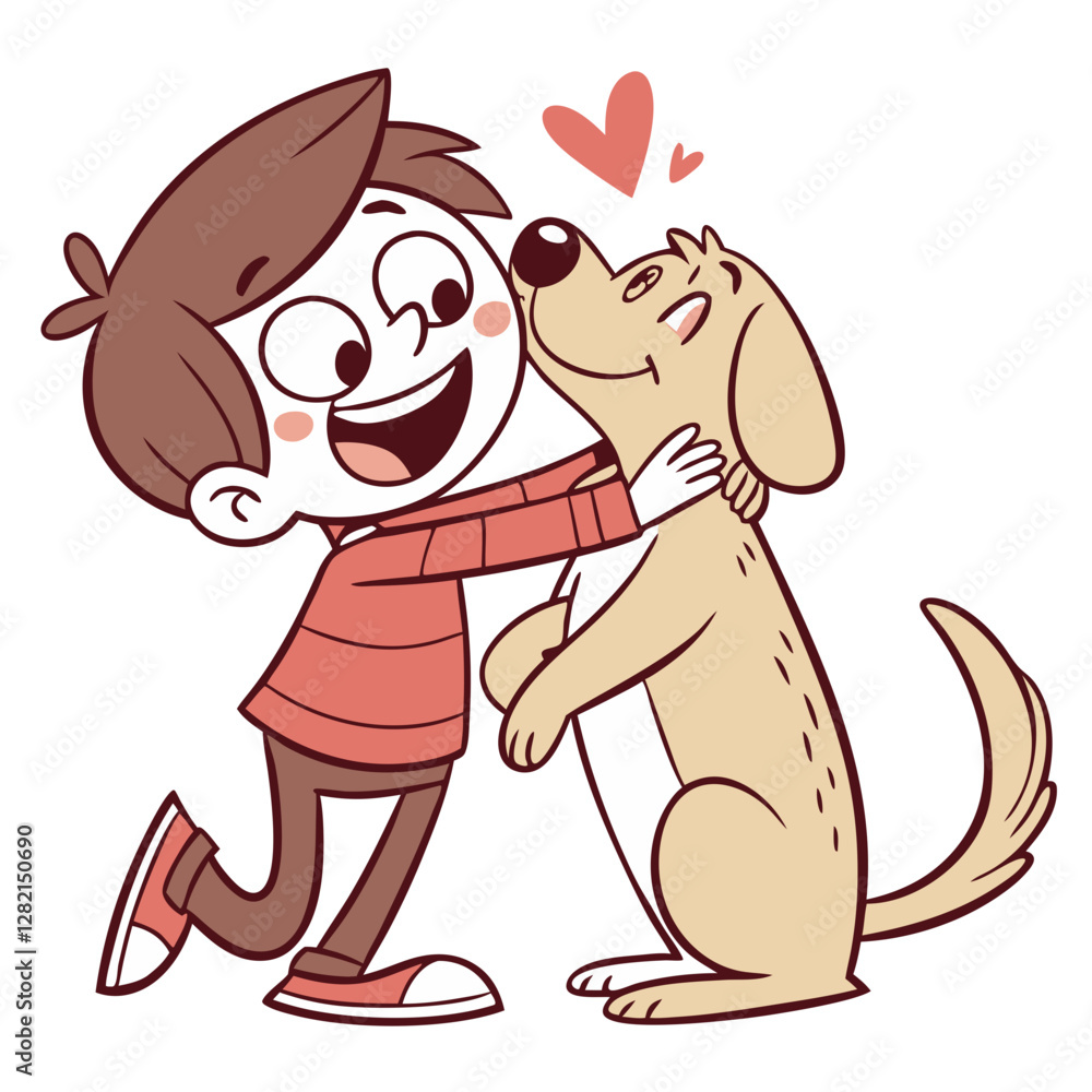 Obraz premium A cheerful boy with brown hair is embracing a happy dog, both sharing a joyful moment filled with affection. The cartoon highlights their special bond in a playful manner