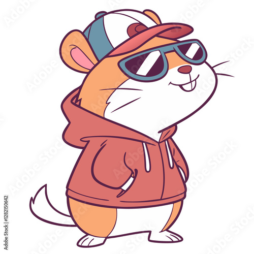 A cheerful cartoon hamster stands confidently against a white background, sporting stylish sunglasses and a cozy hoodie, radiating a fun and laid-back attitude