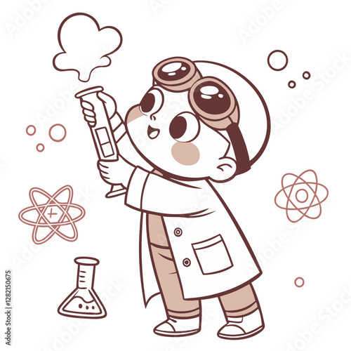 A baby scientist in a lab coat and goggles joyfully holds a test tube that emits playful smoke. Surrounding are symbols of science, creating a fun atmosphere for exploration