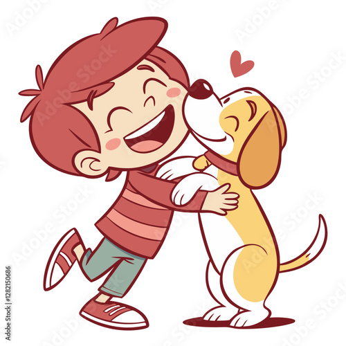 A cheerful cartoon boy embraces his loving dog, showcasing a heartwarming connection. The dog happily returns the affection, creating a delightful scene of joy and companionship