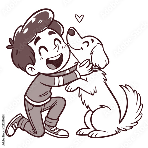 A young boy is kneeling and happily embracing a playful dog. The dog shows affection in return, highlighting their joyful interaction