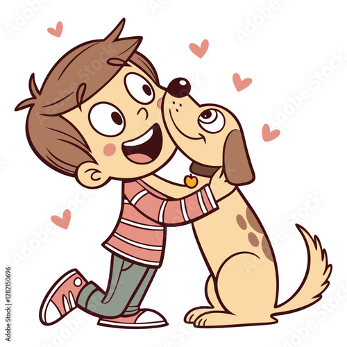 A cheerful boy with brown hair happily embraces his playful dog, showing affection. The cartoon illustration is filled with hearts, symbolizing joy and love between them