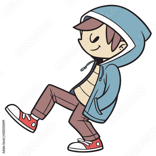 A cartoon illustration shows a cute boy wearing a blue hoodie. He walks playfully, smiling and exuding joy, capturing a moment of happiness and innocence