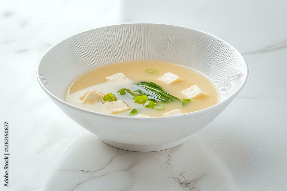 Traditional miso soup with soft tofu cubes and fresh green onions served in white ceramic bowl on marble surface, Japanese cuisine preparation. Traditional miso soup with soft tofu cubes and fresh green onions served in white ceramic bowl on marble surface, Japanese cuisine preparation.