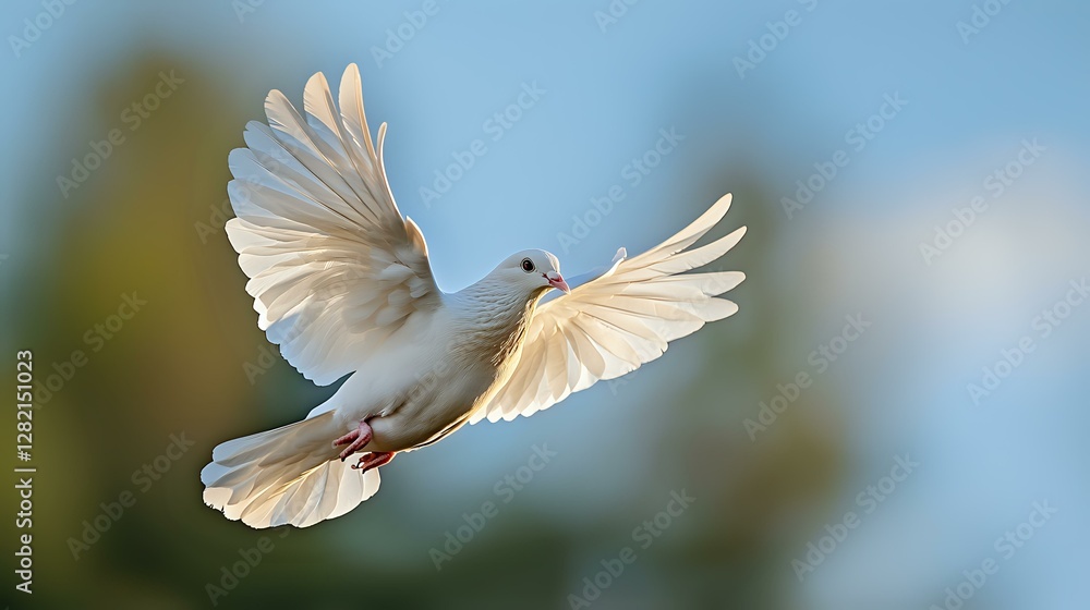 Obraz premium White dove with spread wings soaring against blue sky background, graceful flight pose capturing peace and freedom symbolism in natural outdoor setting.