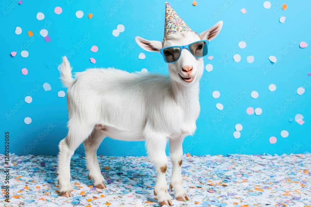 Obraz premium A playful goat with sunglasses and a party hat standing against a blue background with confetti.