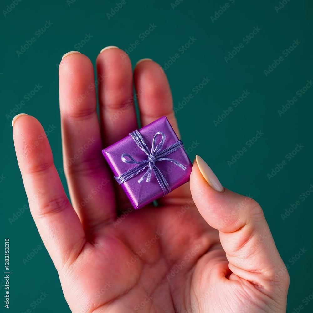 Woman's Hand Holds Tiny Purple Gift Box on Green Background Woman's Hand Holds Tiny Purple Gift Box on Green Background