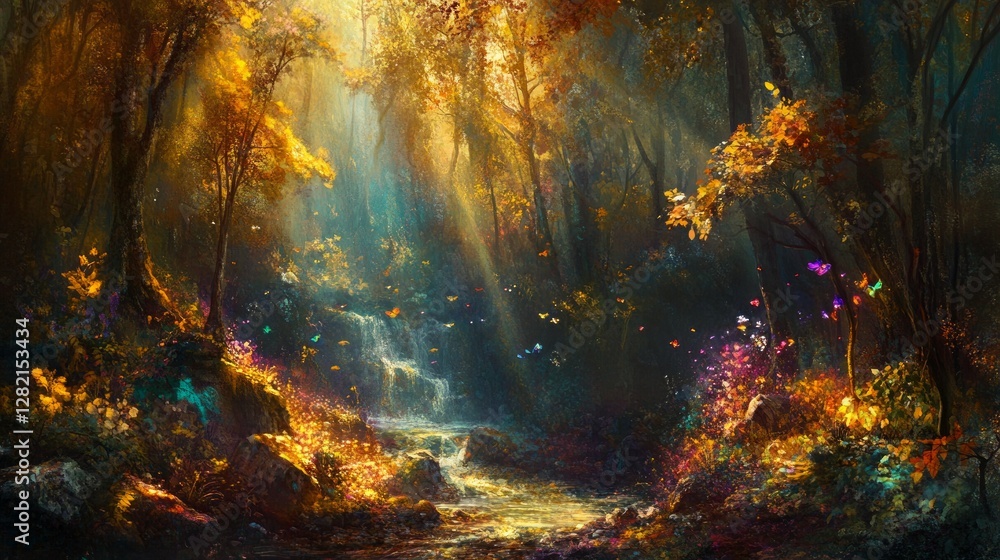mystical forest with sunlight streaming through trees, vibrant and serene natural landscape, peaceful and lush tones, warm atmosphere mystical forest with sunlight streaming through trees, vibrant and serene natural landscape, peaceful and lush tones, warm atmosphere