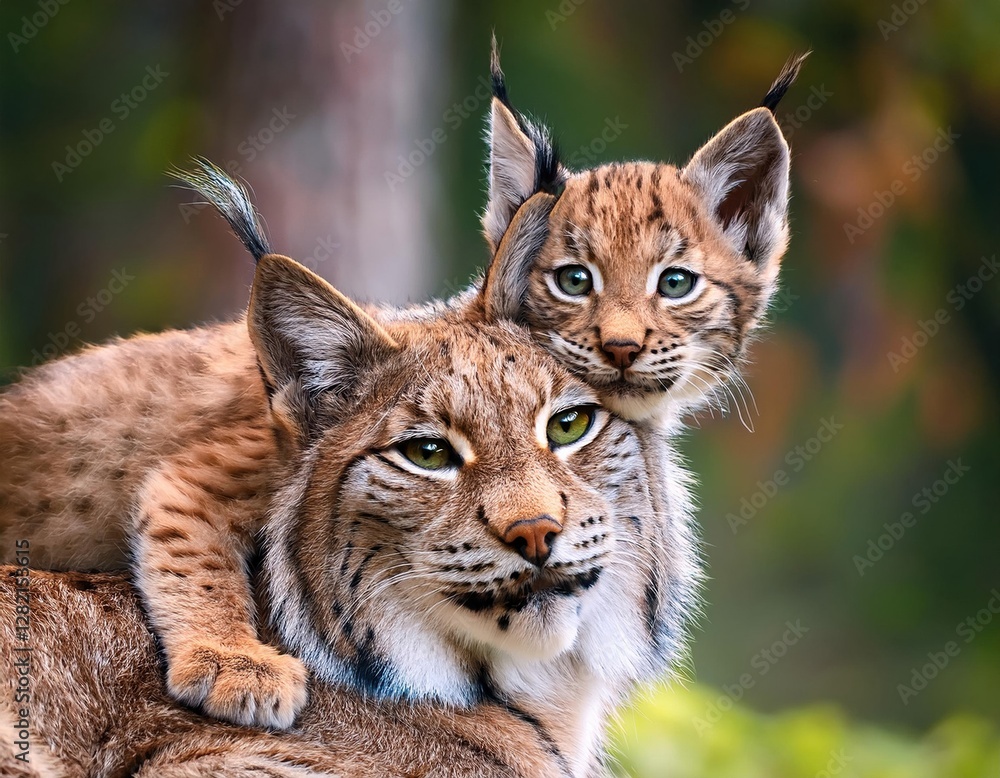 Lynx mother and her playful kitten relaxing in a serene forest setting during daylight Lynx mother and her playful kitten relaxing in a serene forest setting during daylight