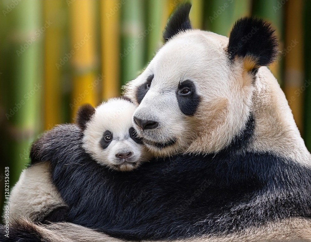 Naklejka premium Mother panda embraces her cub in a tranquil bamboo forest setting