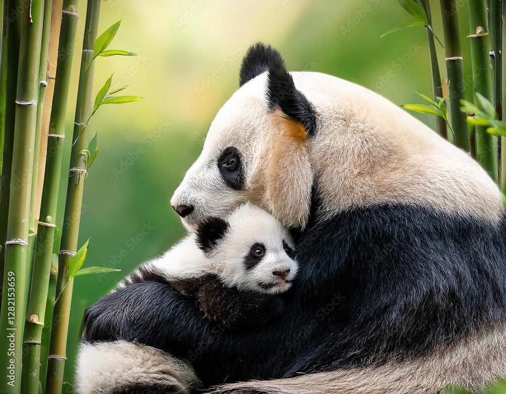 Fototapeta premium Mother panda cuddles with her playful cub in a bamboo forest during sunny afternoon