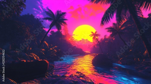 Neon jungle glowing under alien sunset, blending natural life with vibrant sci-fi aesthetics