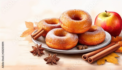 High-Quality Illustration: Banner Featuring Delicious Apple Cider Donuts with Cinnamon Sugar – Perfect Comfort Food for the Fall Season