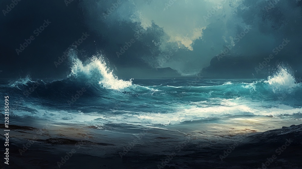 Fototapeta premium ocean waves crashing on dark shore, dramatic and textured composition, bold and powerful design, dynamic and clean atmosphere