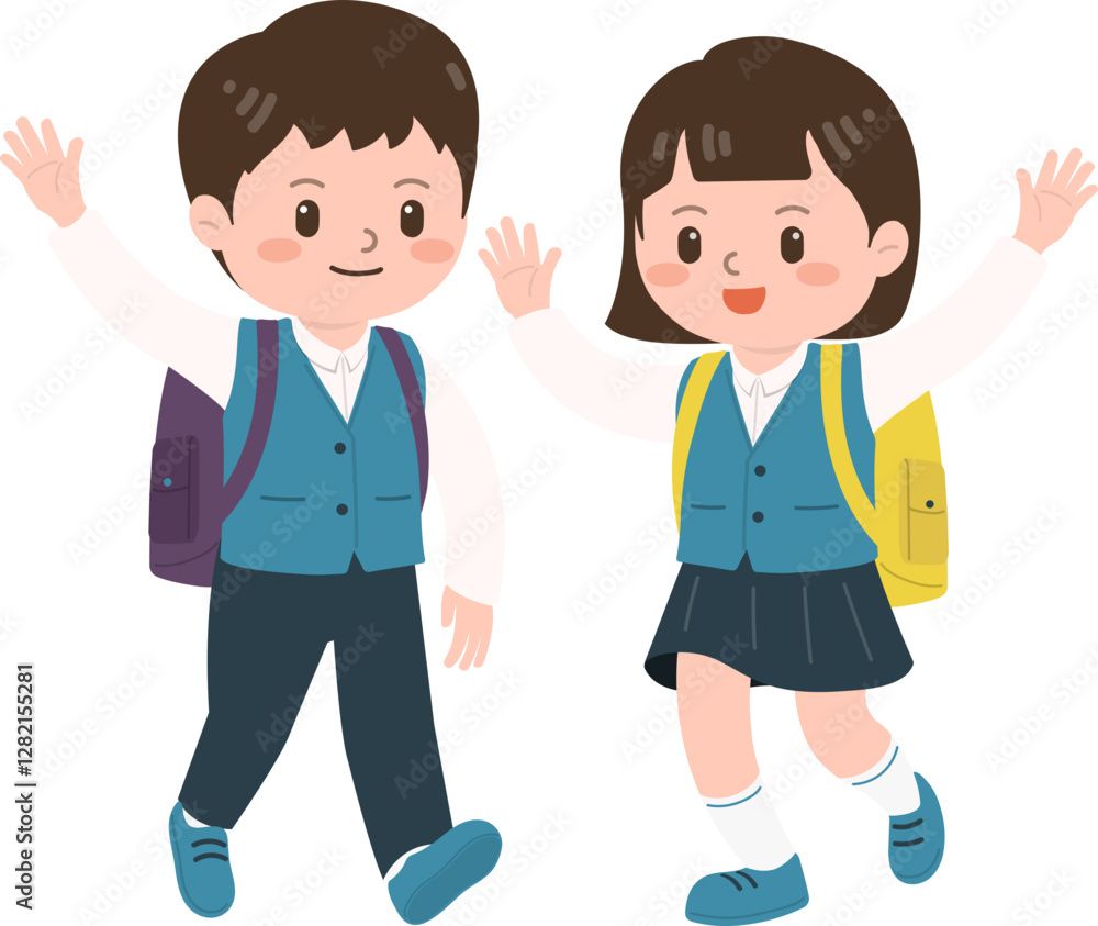 students in a school uniform waving hello, 손 흔들며 인사하는 교복 입은 학생들, 친구 students in a school uniform waving hello, 손 흔들며 인사하는 교복 입은 학생들, 친구