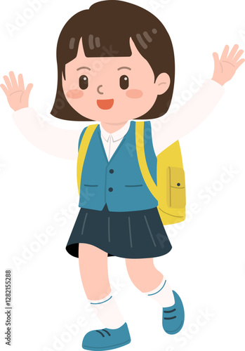 A female student in a school uniform waving hello, 손 흔들며 인사하는 교복 입은 여학생