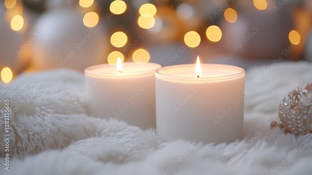 Warm candles illuminate a cozy setting with soft textures and festive lights in the background Warm candles illuminate a cozy setting with soft textures and festive lights in the background
