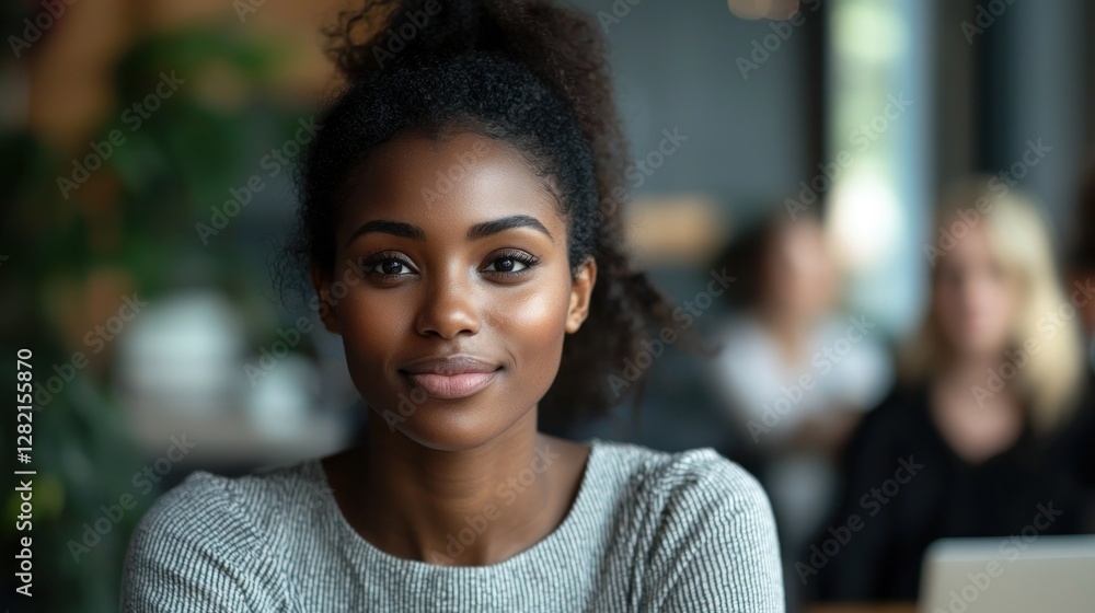 Fototapeta premium Young Woman with Beautiful Smile in Modern Cafe Setting
