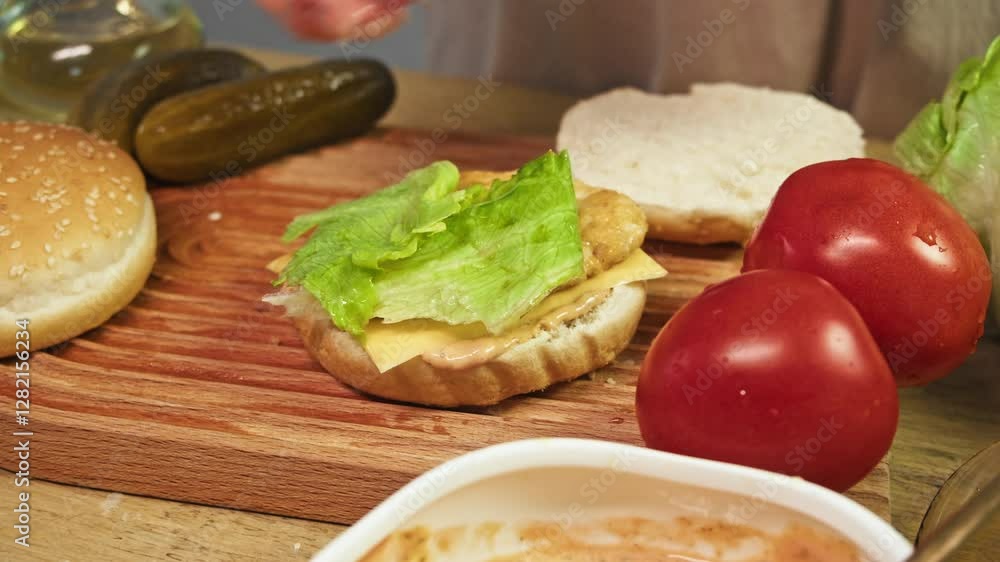 Housewife in her kitchen prepares healthy meal for her family. She carefully selects fresh romaine lettuce and places it on top of chicken breast patty, creating nutritious and flavorful dish. Housewife in her kitchen prepares healthy meal for her family. She carefully selects fresh romaine lettuce and places it on top of chicken breast patty, creating nutritious and flavorful dish.