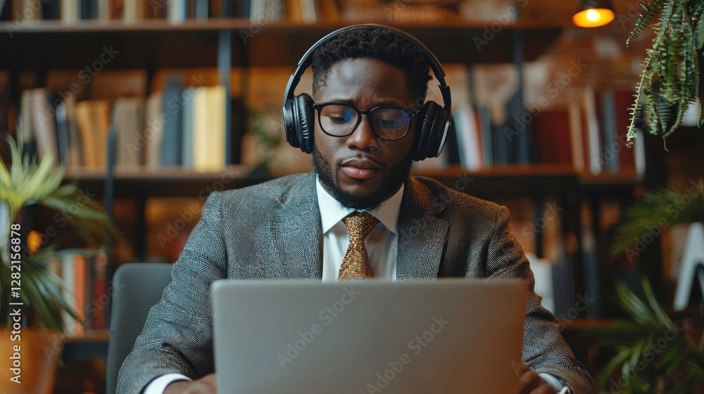 Man in Suit Wearing Headphones Working on Laptop in Library Setting Man in Suit Wearing Headphones Working on Laptop in Library Setting
