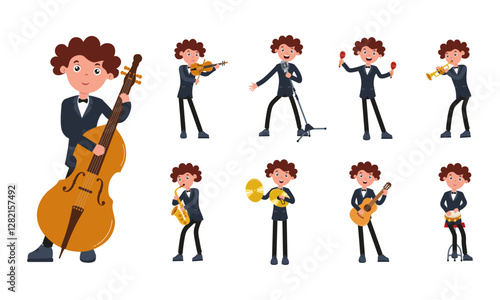 Young musician playing various instruments in a cheerful music ensemble